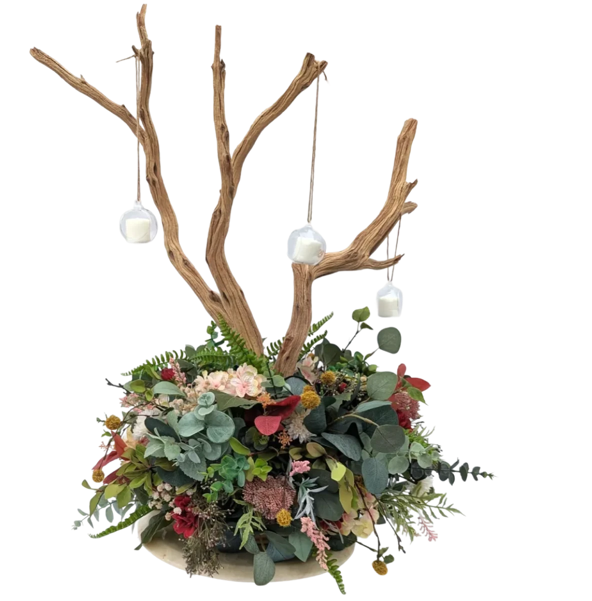 Hanging candles on artistic branch display