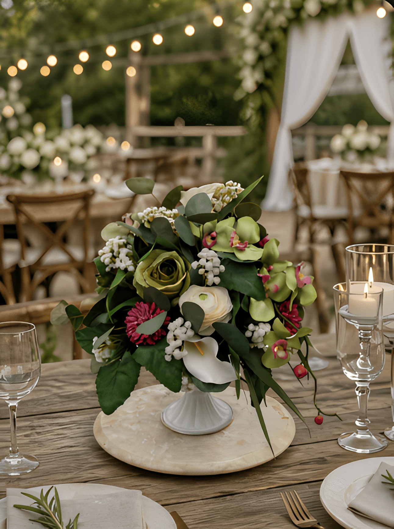 Wedding table centerpiece with mixed flowers