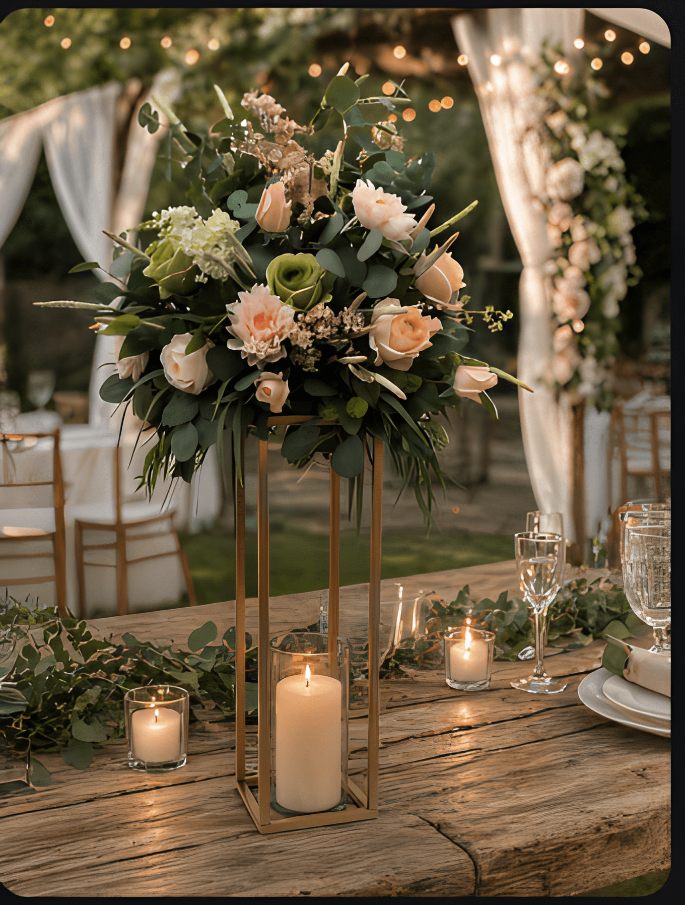 Elegant floral centerpiece with candles at reception