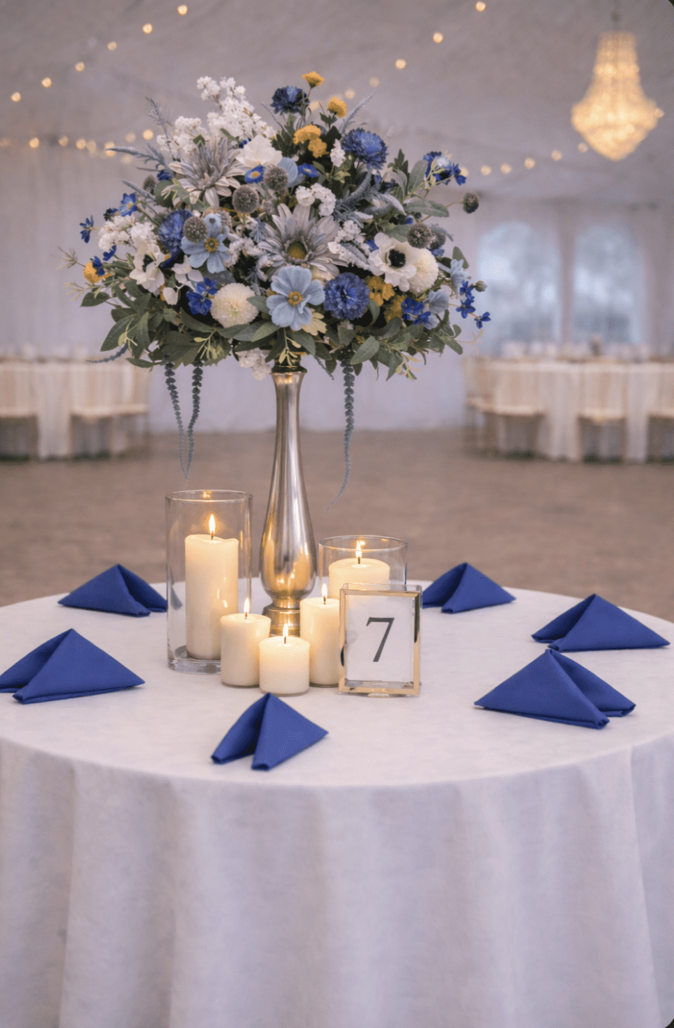 Blue and white wedding table centerpiece
