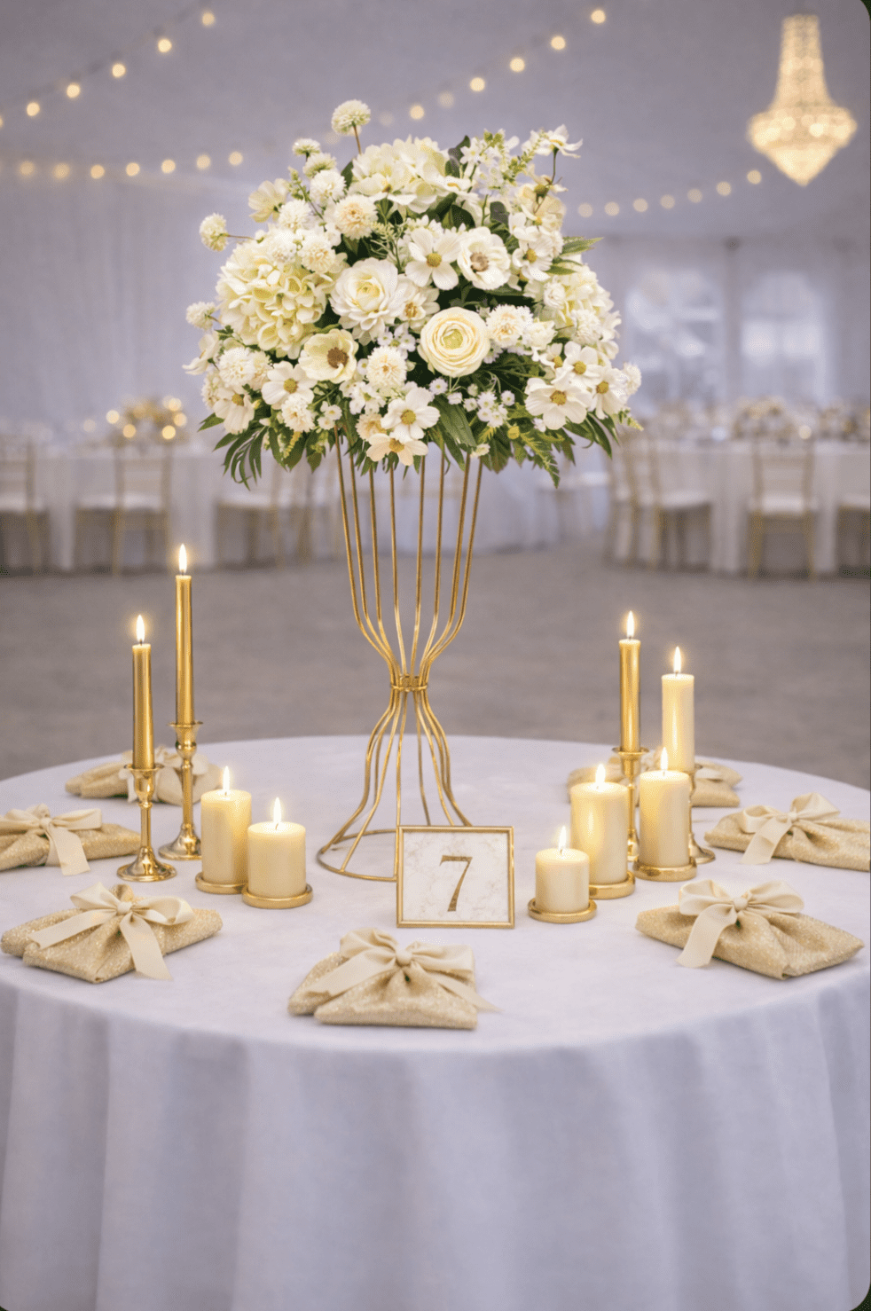 Wedding table centerpiece with white flowers, candles
